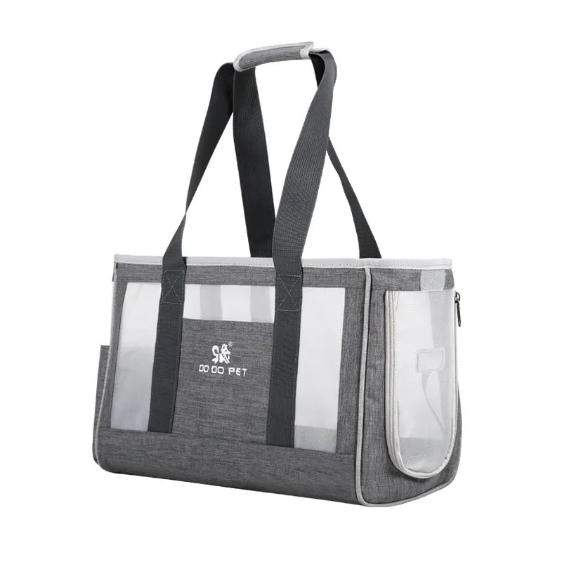 Gray pet carrier with transparent sides on a white background