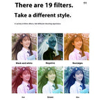 Promotional image of a photo editing app with various filter effects on a person.