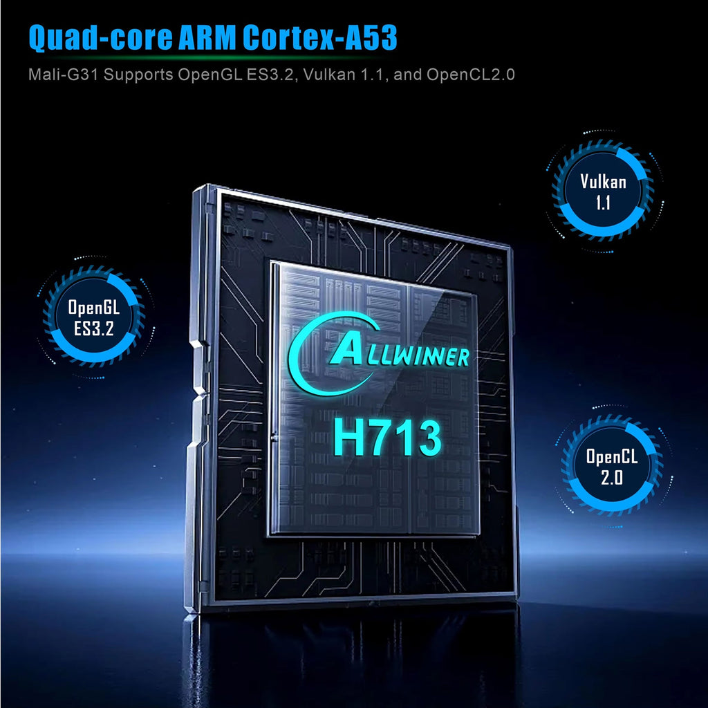 Allwinner H713 chip with specifications on a dark background