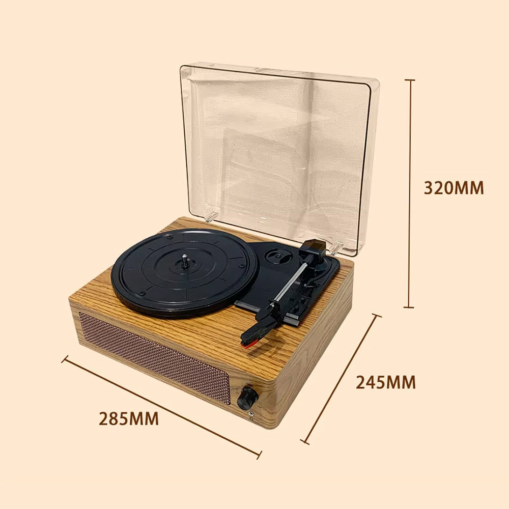 Wooden record player with dimensions indicated on a beige background