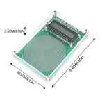 Electronic module with a display and circular component, showing dimensions on a white background