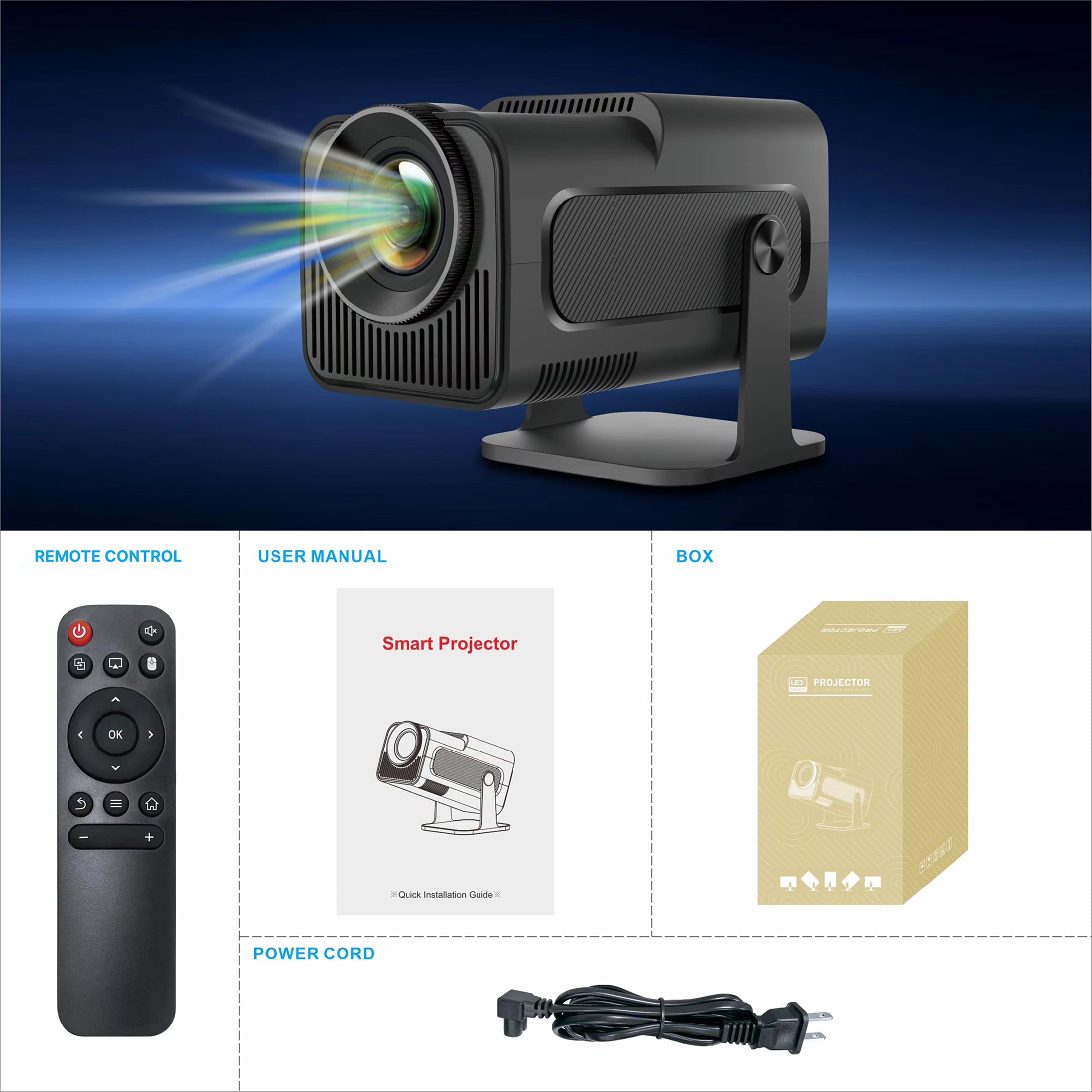 Smart projector with remote control, user manual, power cord, and packaging on a blue gradient background.