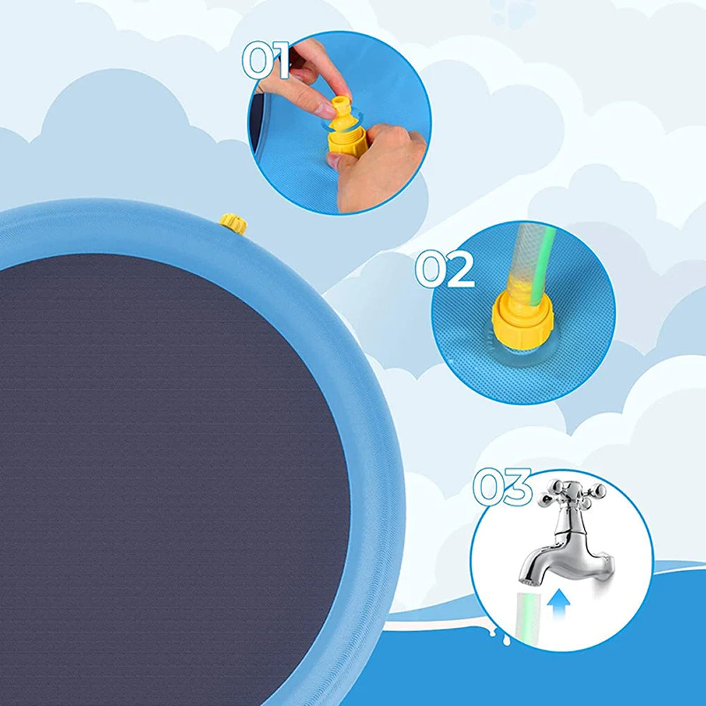 Instructions for using a water toy with a large blue container, faucet, and close-up of hands.
