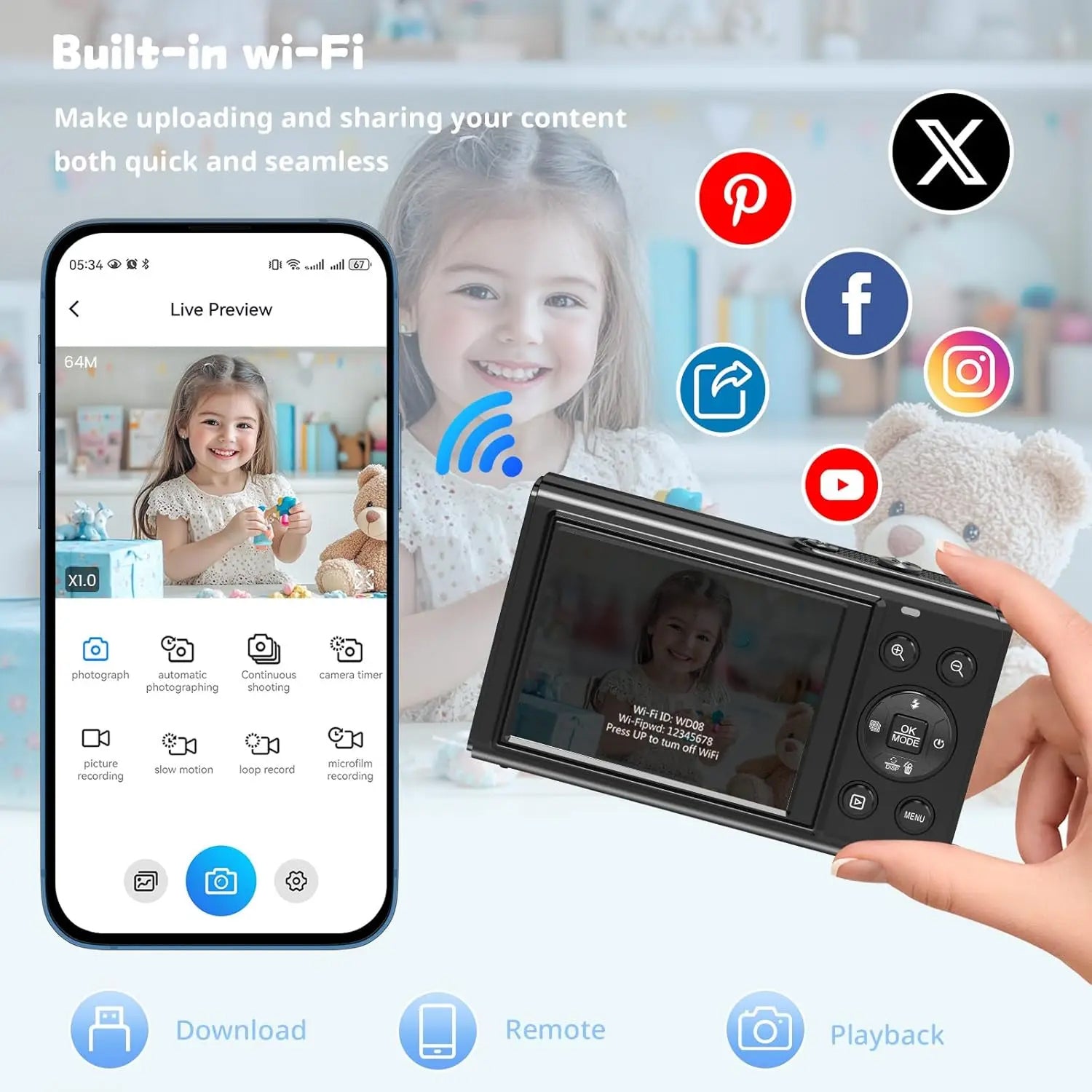 Camera with smartphone app displaying live preview and social media icons, on a light blue background.