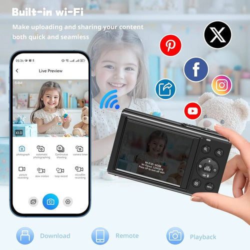 Camera with smartphone app displaying live preview and social media icons, on a light blue background.