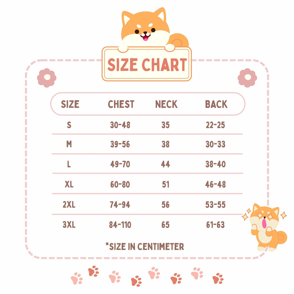 Size chart for clothing with a cartoon dog illustration on a white background