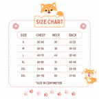 Size chart for clothing with a cartoon dog illustration on a white background