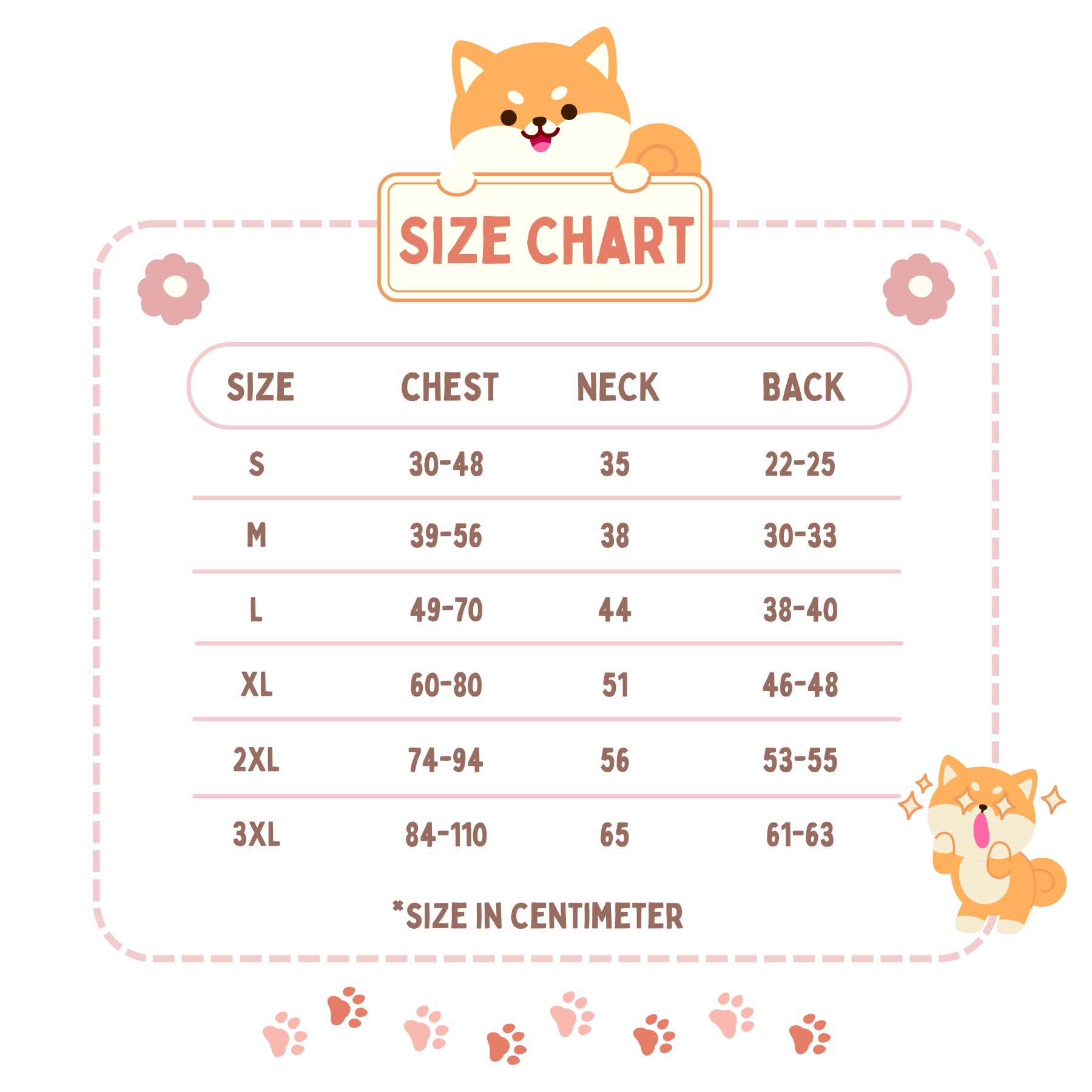 Size chart for clothing with a cartoon dog illustration on a white background