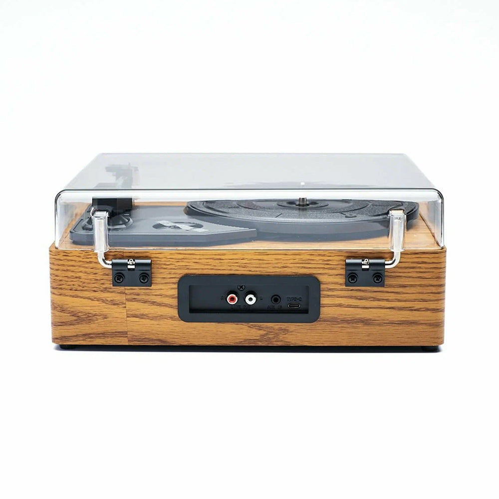 Wooden record player with clear acrylic cover on a white background