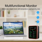 Multifunctional monitor with digital clock and temperature/humidity display on a desk.