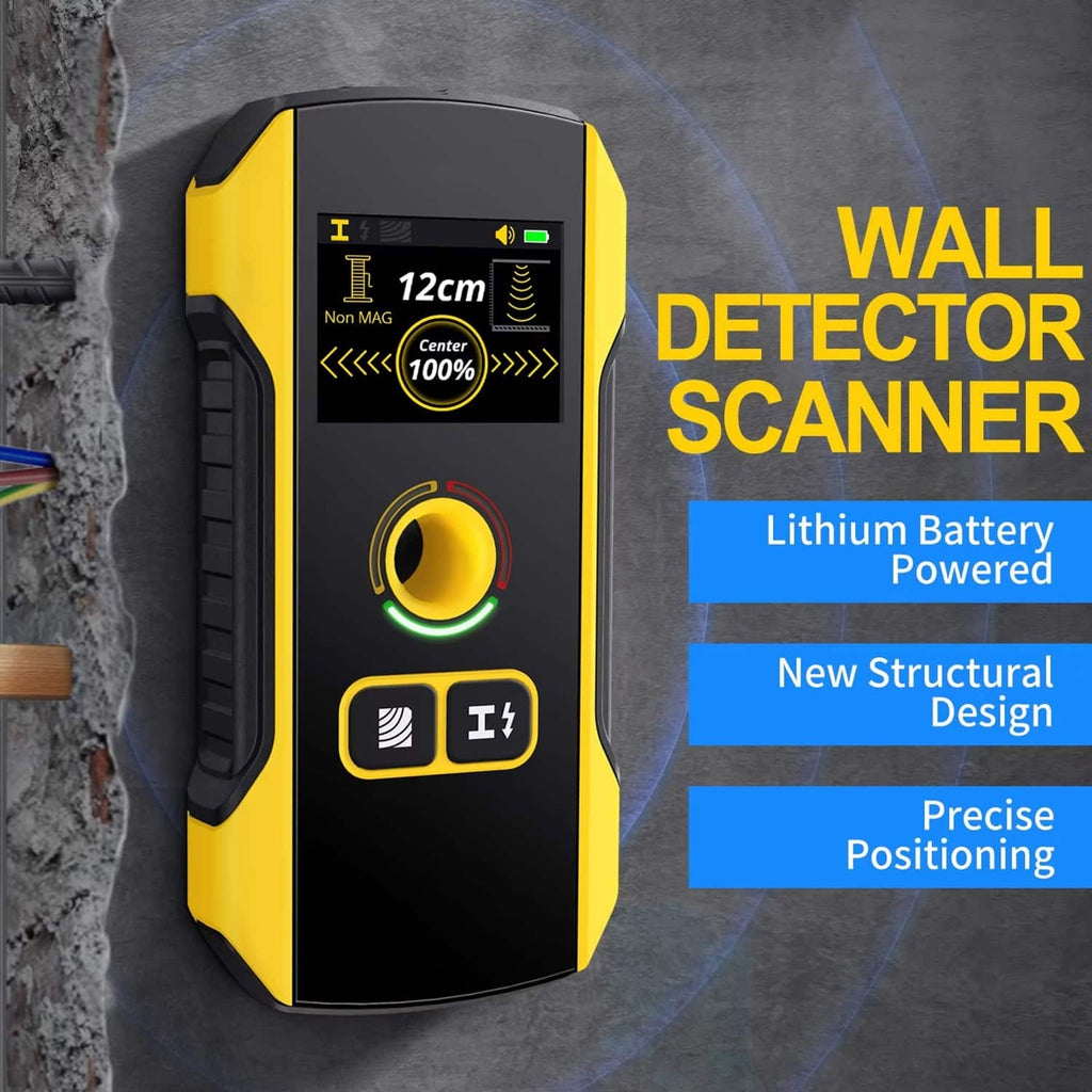 Wall detector scanner with digital display and buttons on a gray background