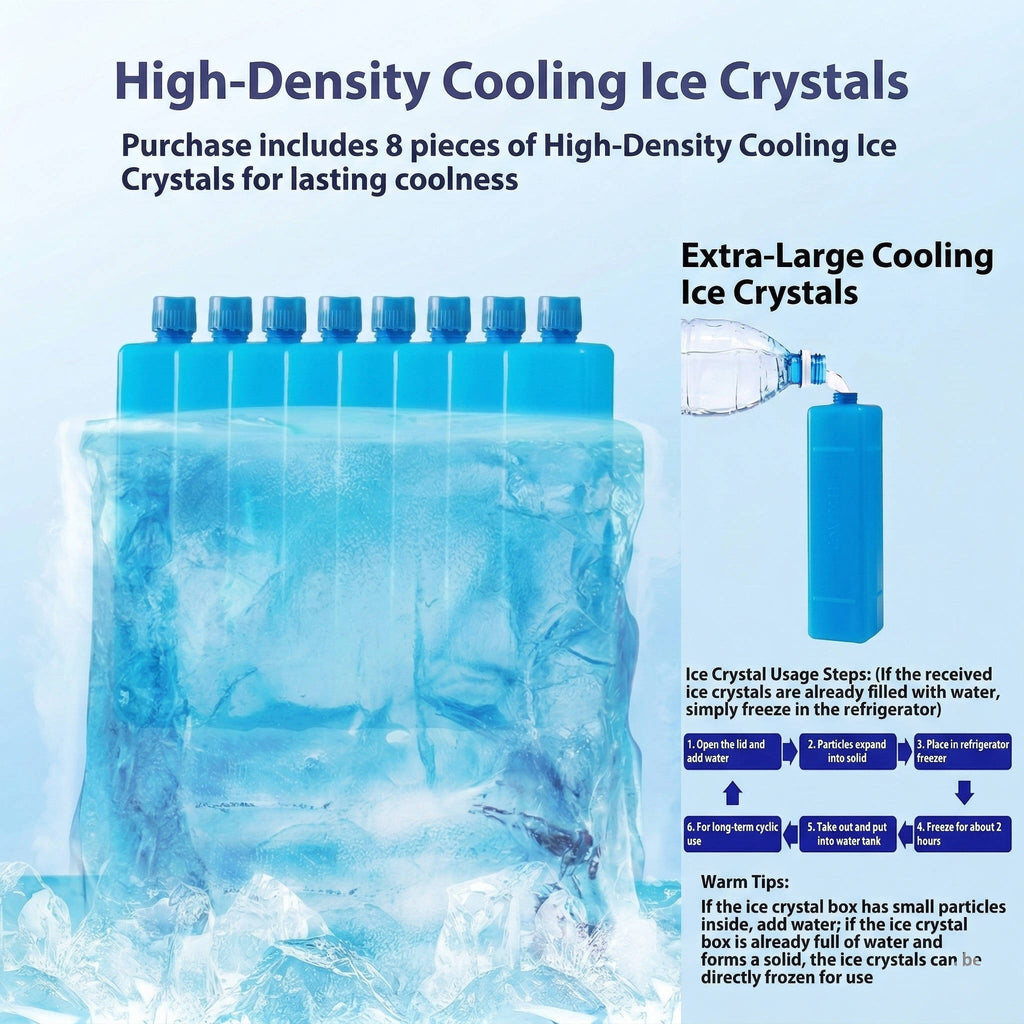 High-density cooling ice crystals packaging with usage instructions on a blue background