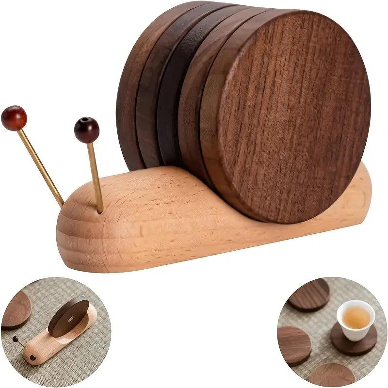 Wooden coaster set with holder shaped like a snail on a white background