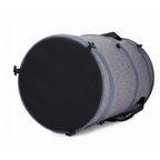 Gray pet carrier with black mesh door on a white background