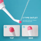 Product with a removable nozzle showing two water dispensing styles on a blue background.