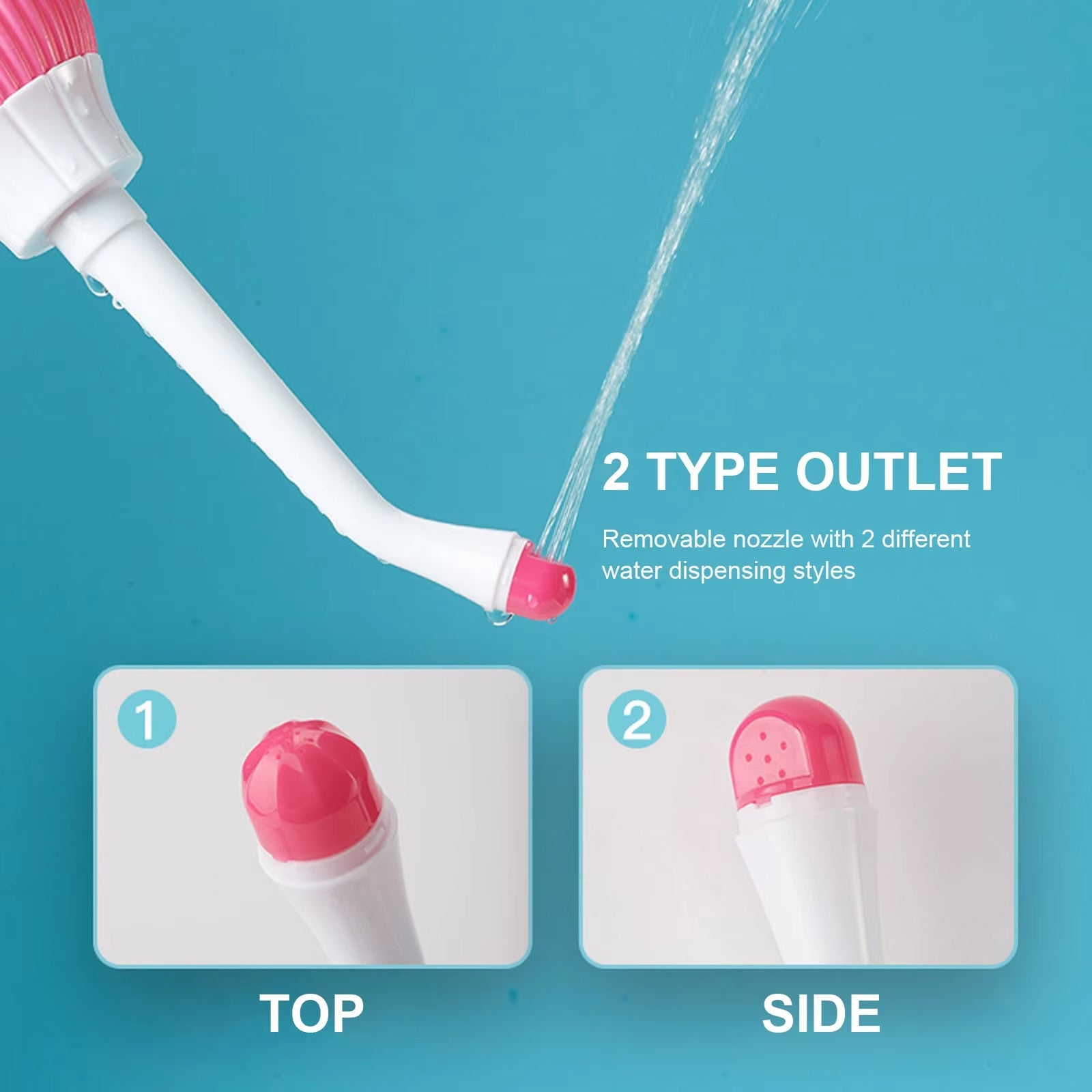 Product with a removable nozzle showing two water dispensing styles on a blue background.