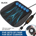 Black fan seat cushion with five sets of fans and USB power supply on a white background