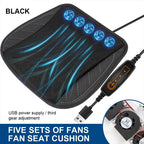Black fan seat cushion with five sets of fans and USB power supply on a white background