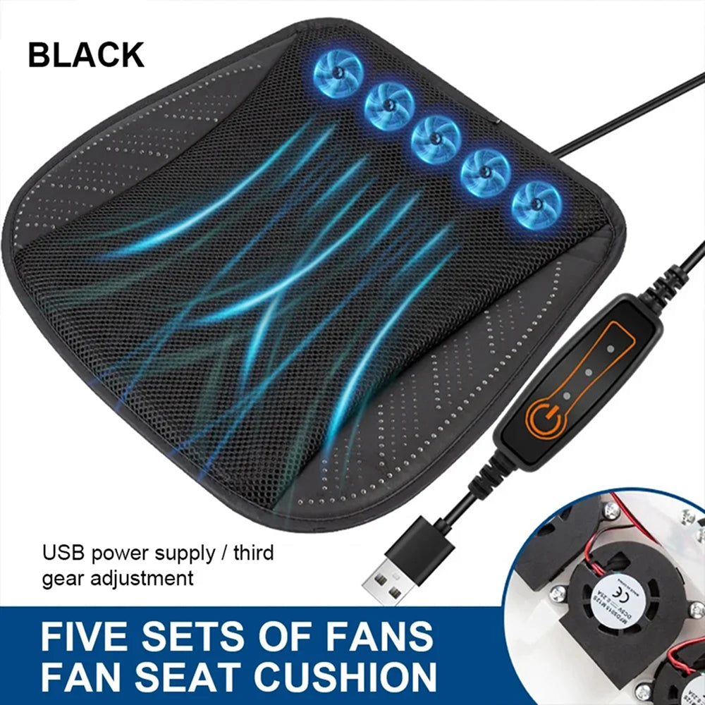 Black fan seat cushion with five sets of fans and USB power supply on a white background
