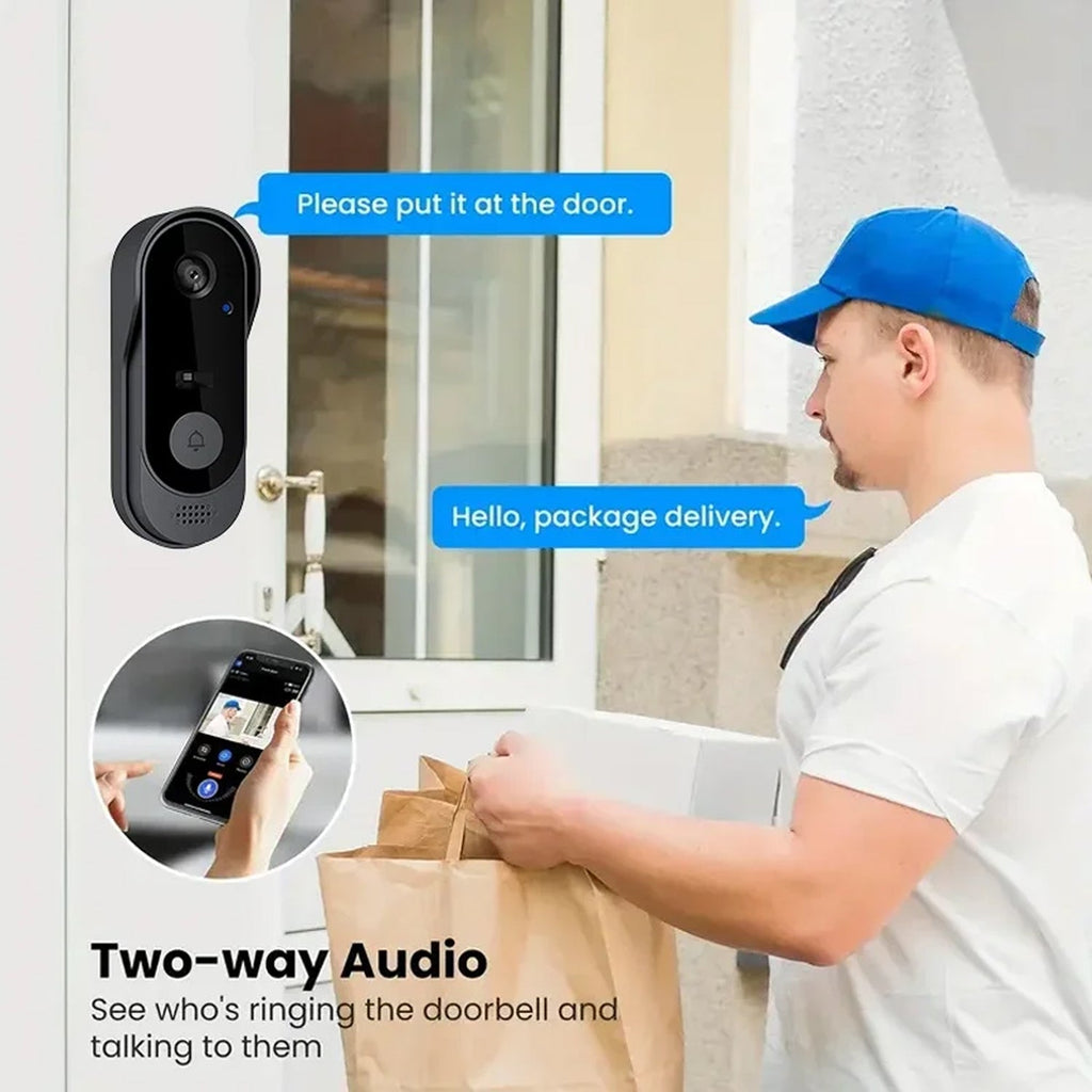 Person using a smart doorbell with two-way audio feature, showing a package delivery scenario.