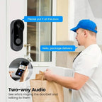 Person using a smart doorbell with two-way audio feature, showing a package delivery scenario.