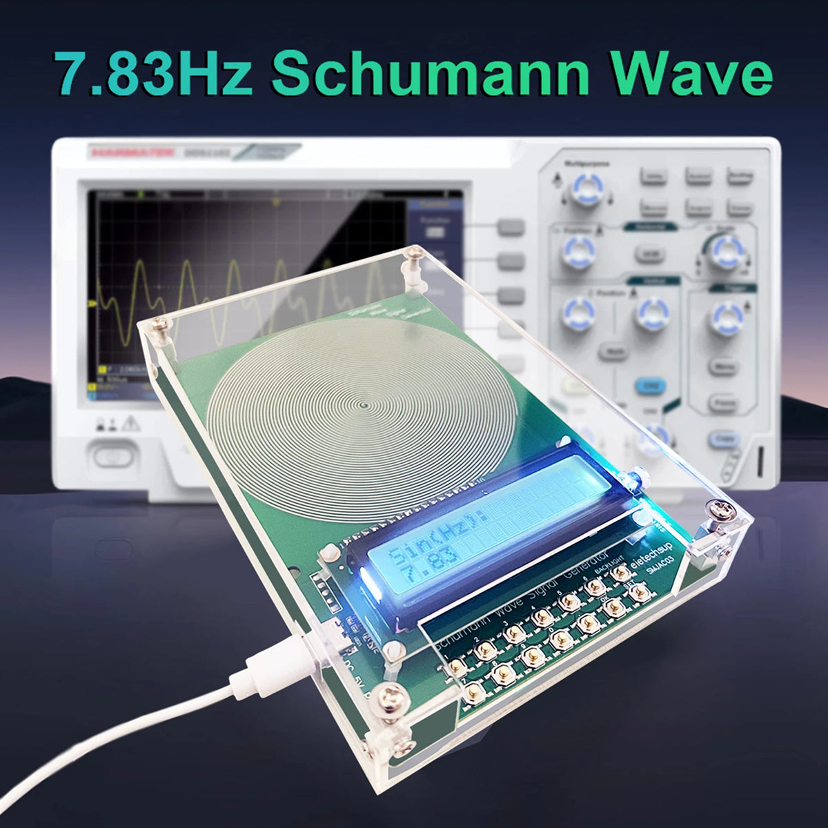 Electronic device displaying 7.83Hz Schumann Wave with oscilloscope in the background