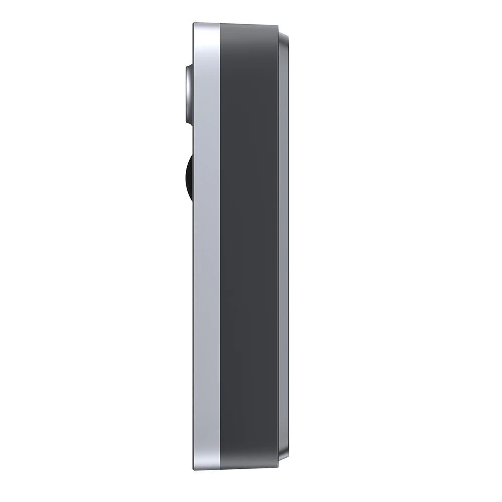 Side view of a black electronic device with metallic accents on a white background