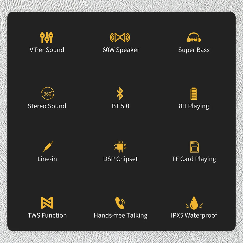 List of audio device features with icons and text on a black background