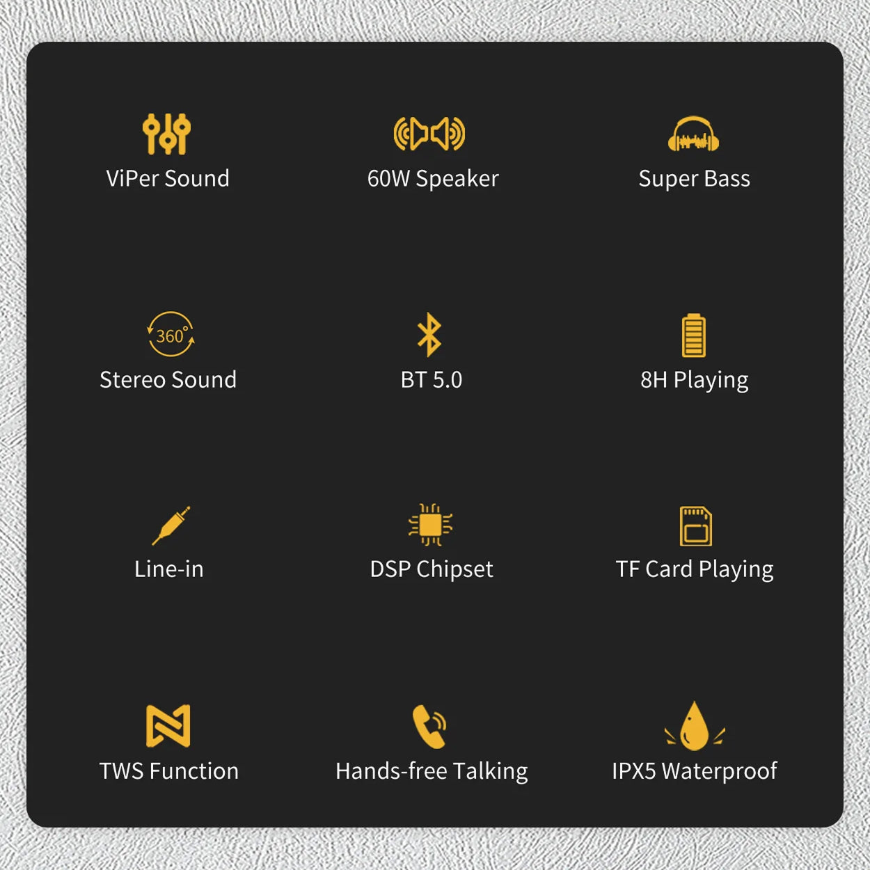 List of audio device features with icons and text on a black background