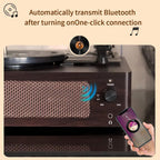 Turntable with Bluetooth connectivity features, including a smartphone displaying a music app.