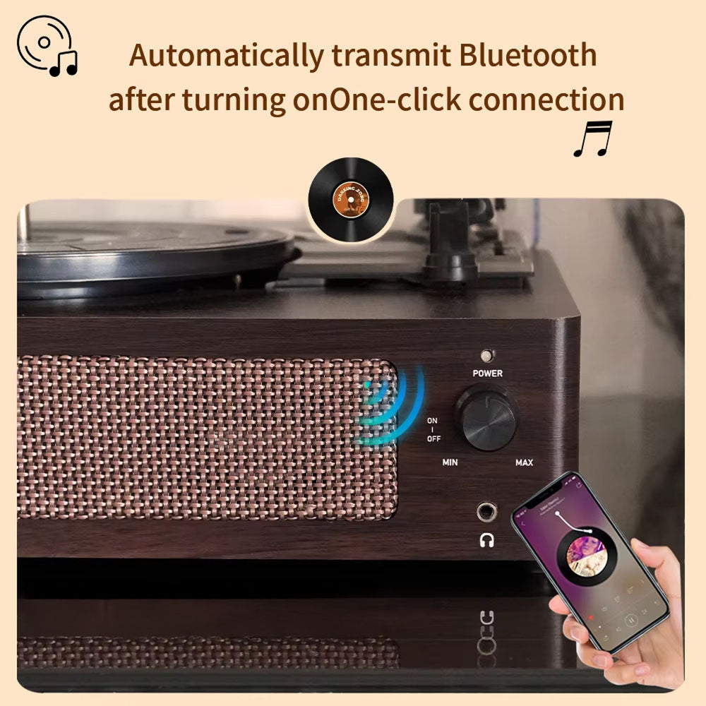 Turntable with Bluetooth connectivity features, including a smartphone displaying a music app.