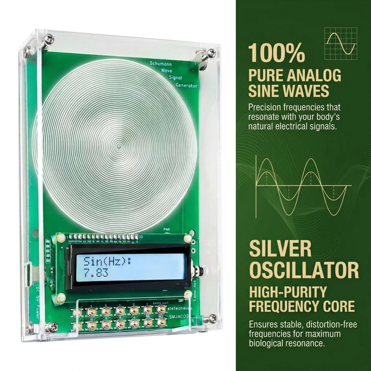 Analog sine wave generator with digital display on a green background