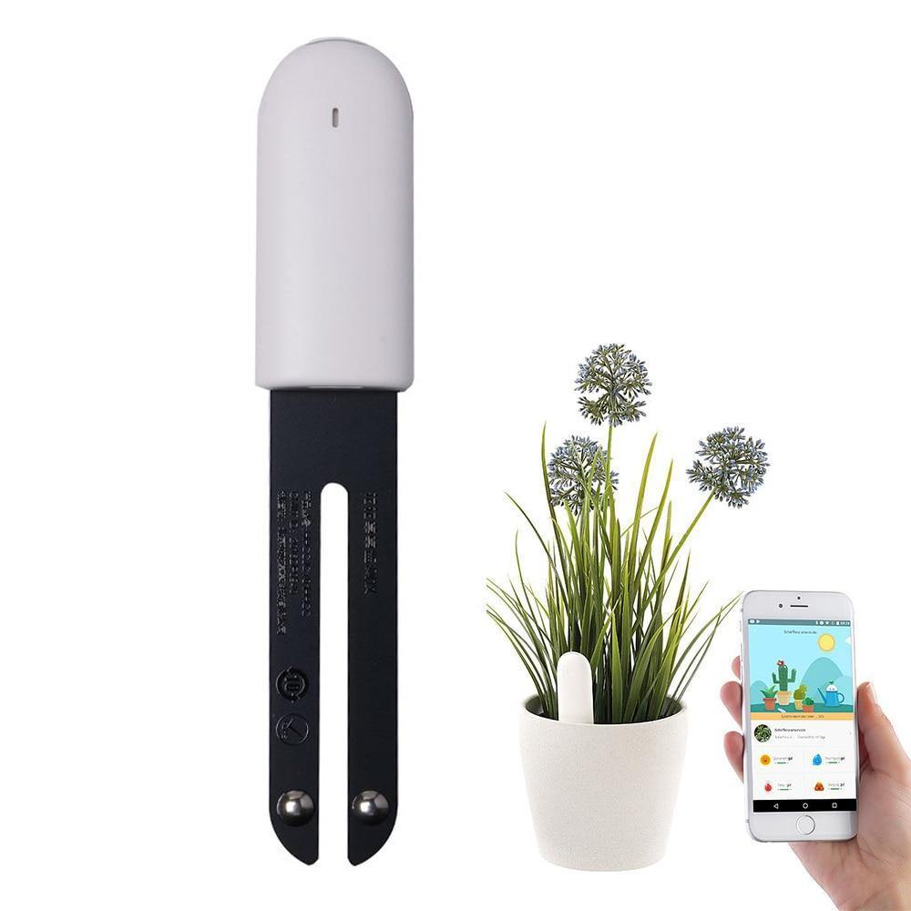 Smart plant sensor with a potted plant and a smartphone app on a white background