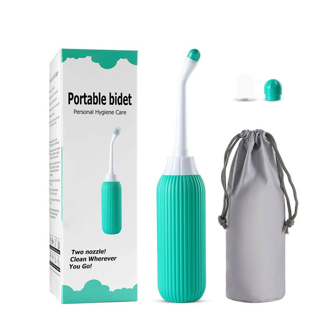 Turquoise portable bidet with packaging, nozzle, and carrying pouch on a white background