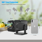Smart projector with 180-degree free projection feature and dimensions displayed.