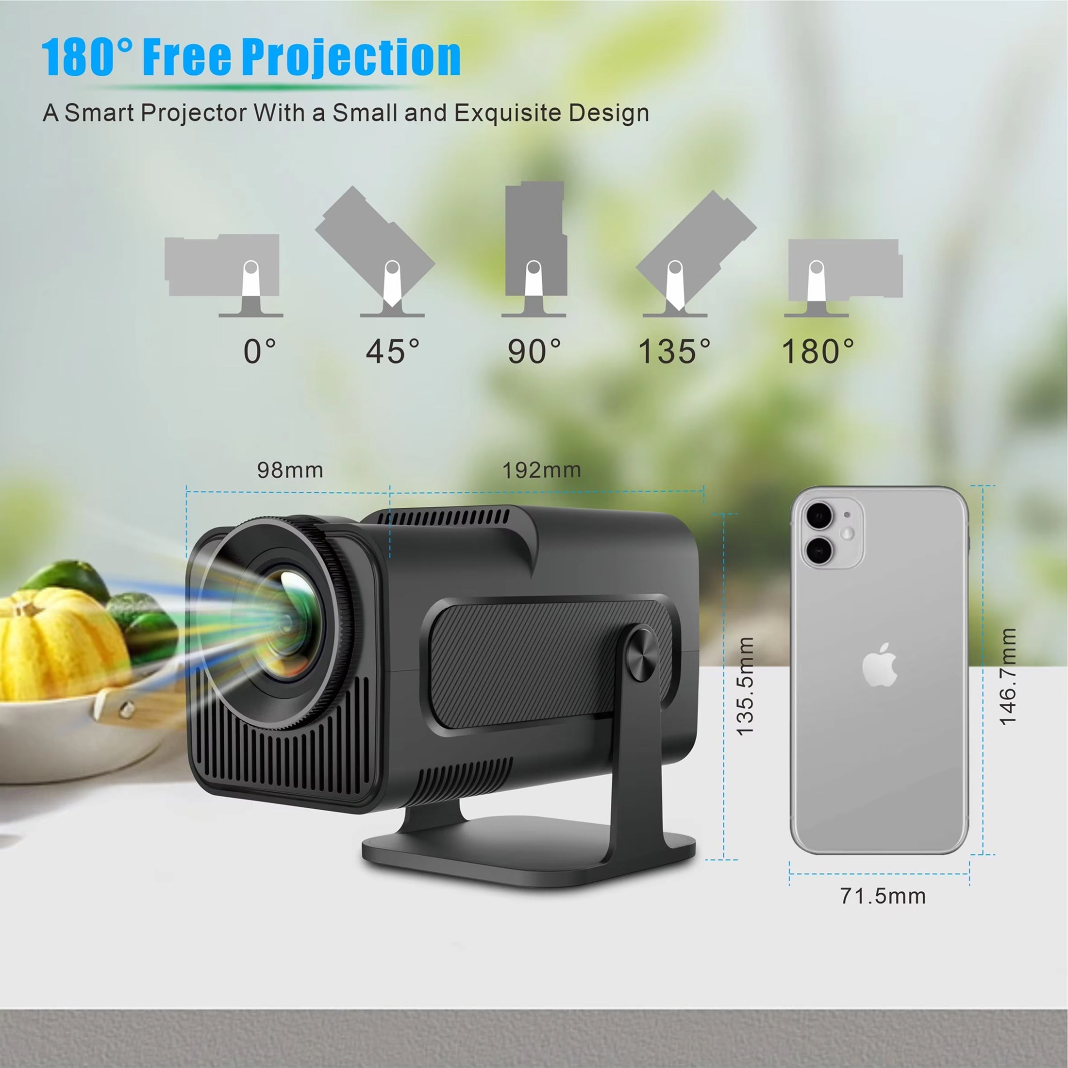 Smart projector with 180-degree free projection feature and dimensions displayed.