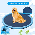 Dog sitting on a blue splash pad with text indicating safety and durability, non-slip material, and BPA-free properties.