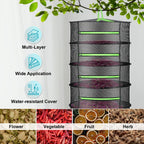 Multi-layered drying rack with water-resistant cover, shown with dried flowers, vegetables, fruits, and herbs.