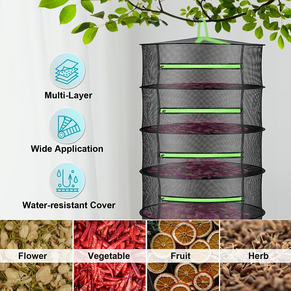Multi-layered drying rack with water-resistant cover, shown with dried flowers, vegetables, fruits, and herbs.