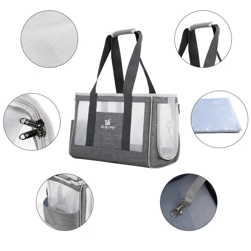 Gray pet carrier with multiple views on a white background
