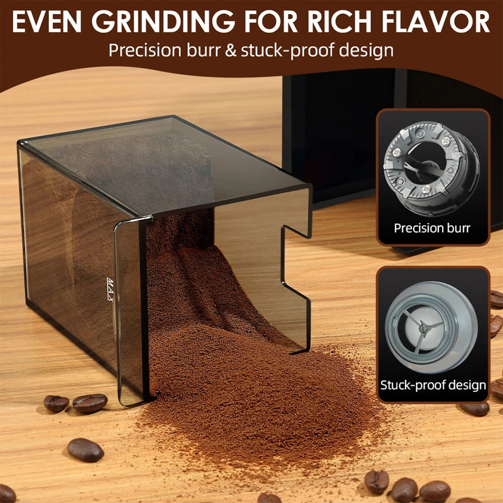 Coffee grinder with ground coffee on a wooden surface, highlighting precision burr and stuck-proof design features.