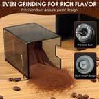 Coffee grinder with ground coffee on a wooden surface, highlighting precision burr and stuck-proof design features.