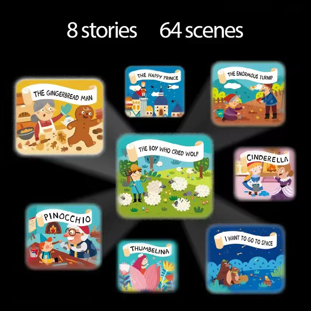 Illustrations of various fairy tale stories on a black background