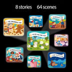 Illustrations of various fairy tale stories on a black background