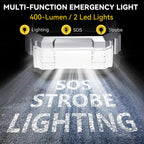 Multi-function emergency light with 400-lumen output and SOS, Strobe lighting modes on a dark background.