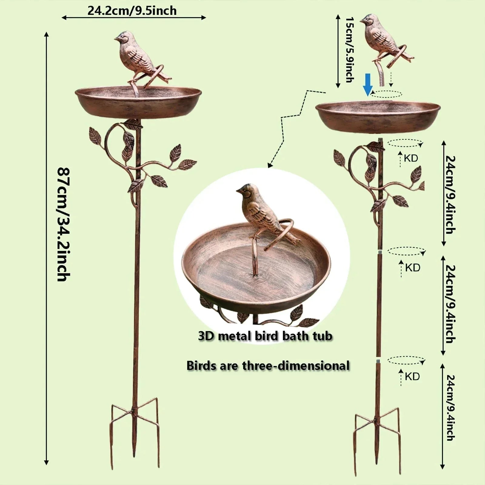 Decorative Birdbath with Pedestal | Metal Garden Bird Bath with Ground Spike