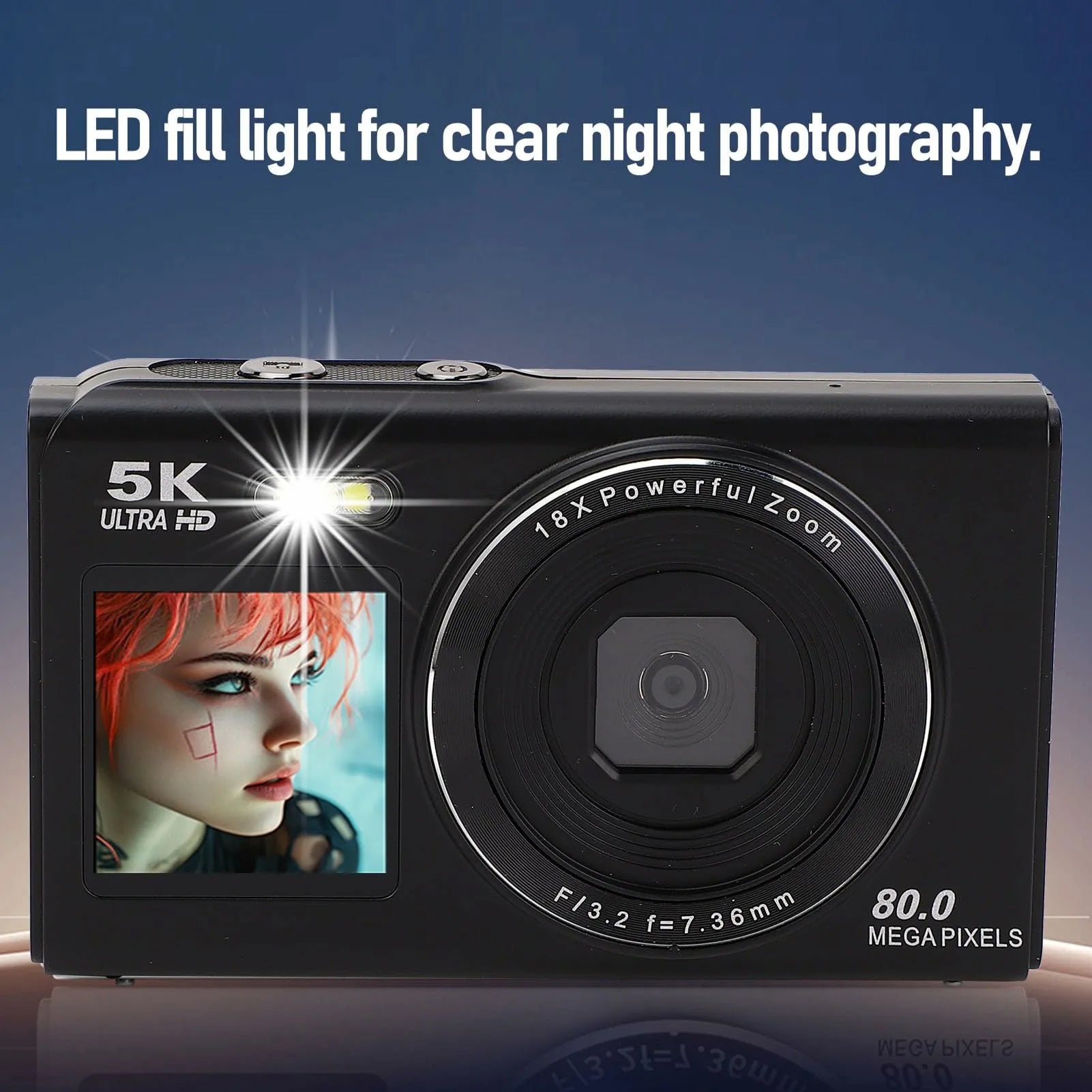 Black digital camera with LED fill light feature on a blue background