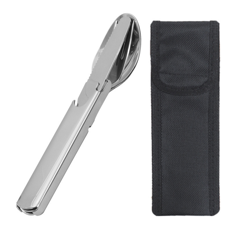Metallic spoon with a black pouch on a white background