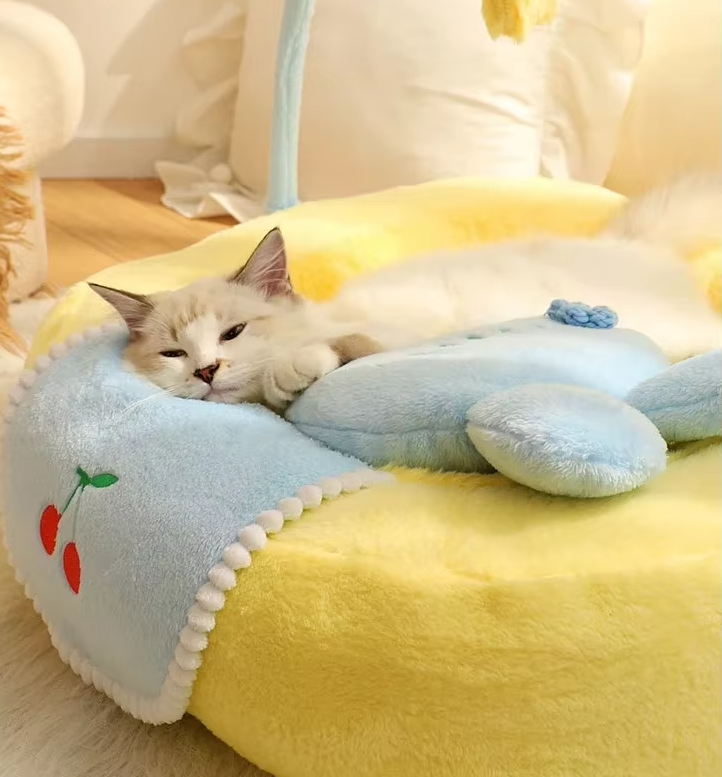 Cat lying on a plush, yellow and blue cushion with a cherry design.