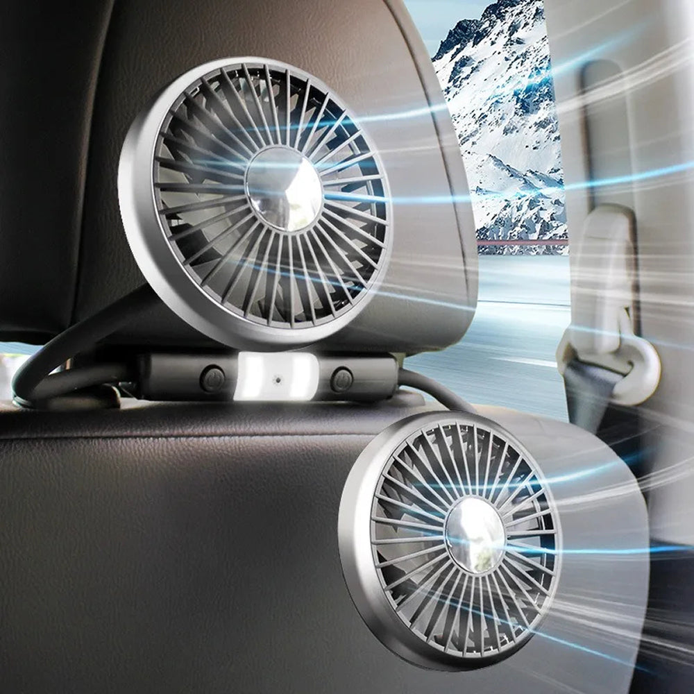 Car-mounted fan with mountain view through window